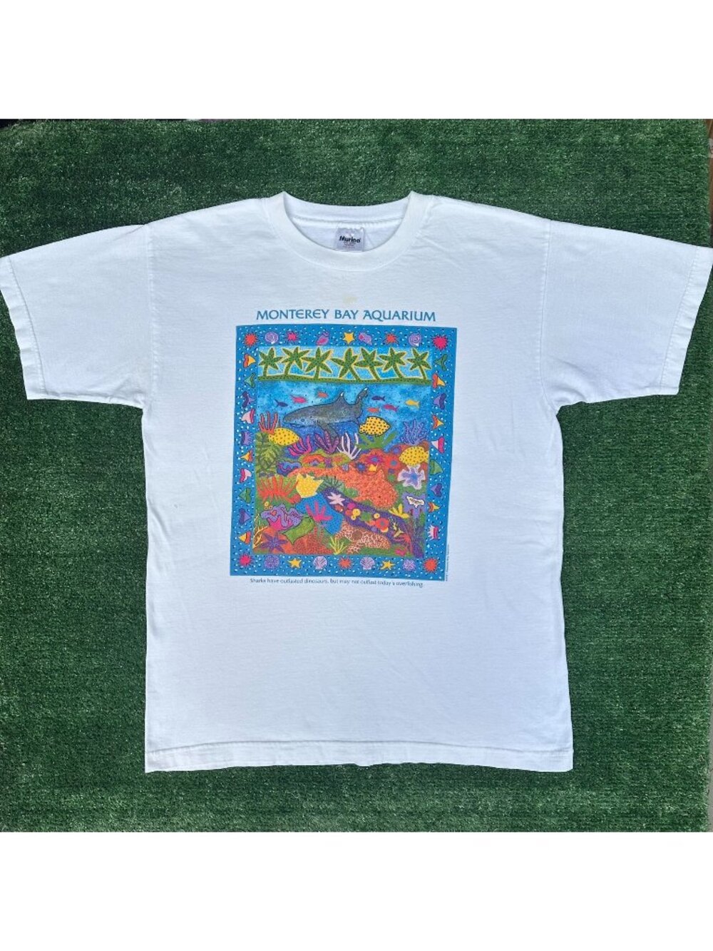 Vintage 90s Coral Reef Shark Nature T-Shirt White L 1991 Conservation Aquarium